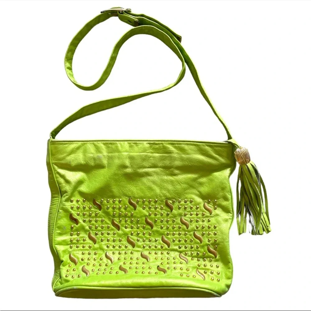 Vintage Karam handbags genuine leather lime gold studded crossbody bag